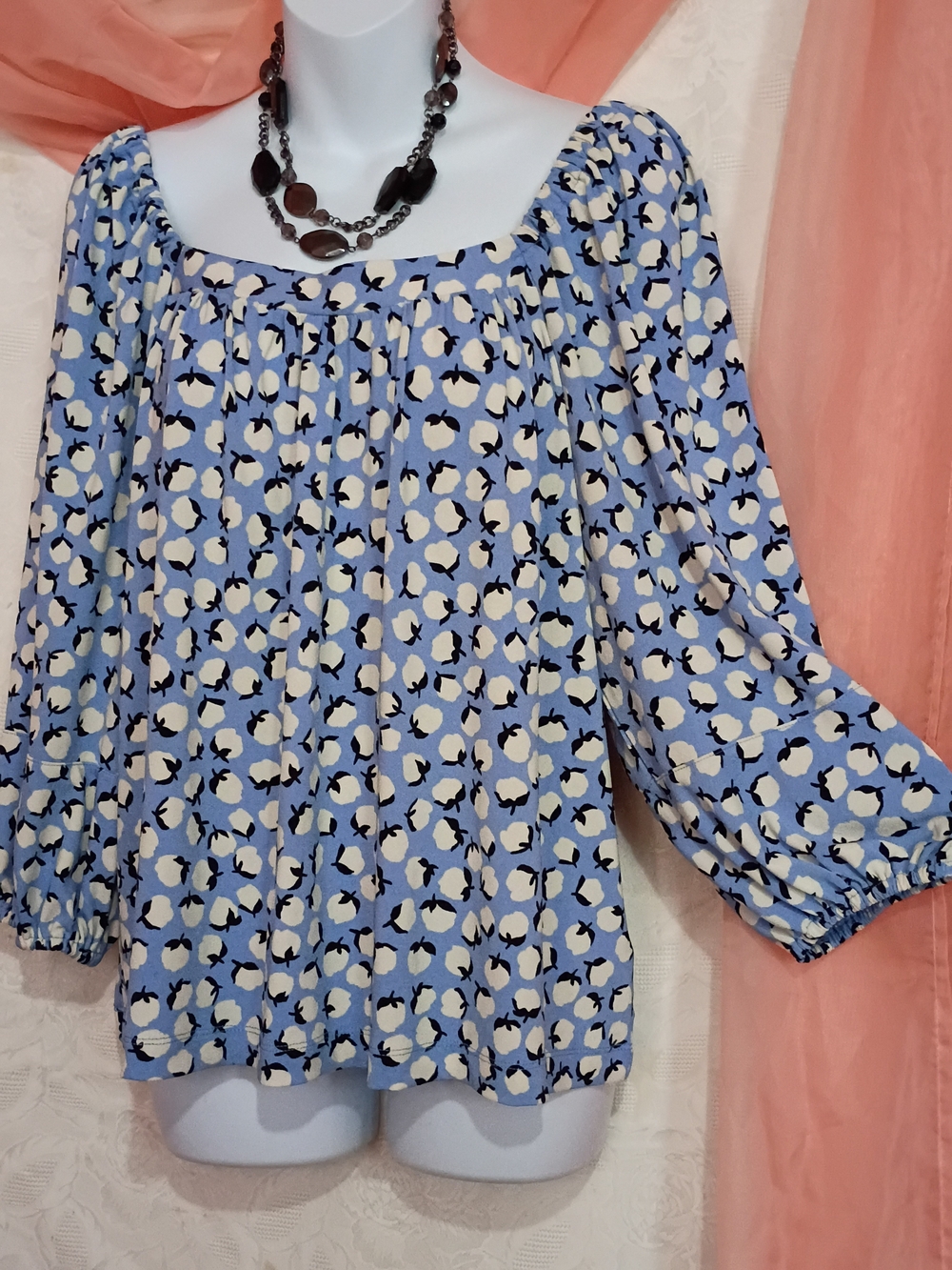 POPSUGAR Ladies Light Blue Floral-Style Peasant Blouse Sz M
